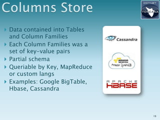  Data contained into Tables
    and Column Families
   Each Column Families was a
    set of key-value pairs
   Partial schema
   Queriable by Key, MapReduce
    or custom langs
   Examples: Google BigTable,
    Hbase, Cassandra



                                  19
 
