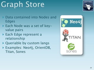  Data contained into Nodes and
    Edges
   Each Node was a set of key-
    value pairs
   Each Edge represent a
    relationship
   Queriable by custom langs
   Examples: Neo4j, OrientDB,
    Titan, Sones



                                  20
 