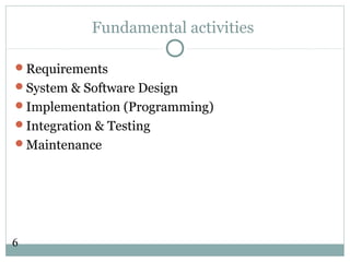 6
Fundamental activities
Requirements
System & Software Design
Implementation (Programming)
Integration & Testing
Maintenance
 