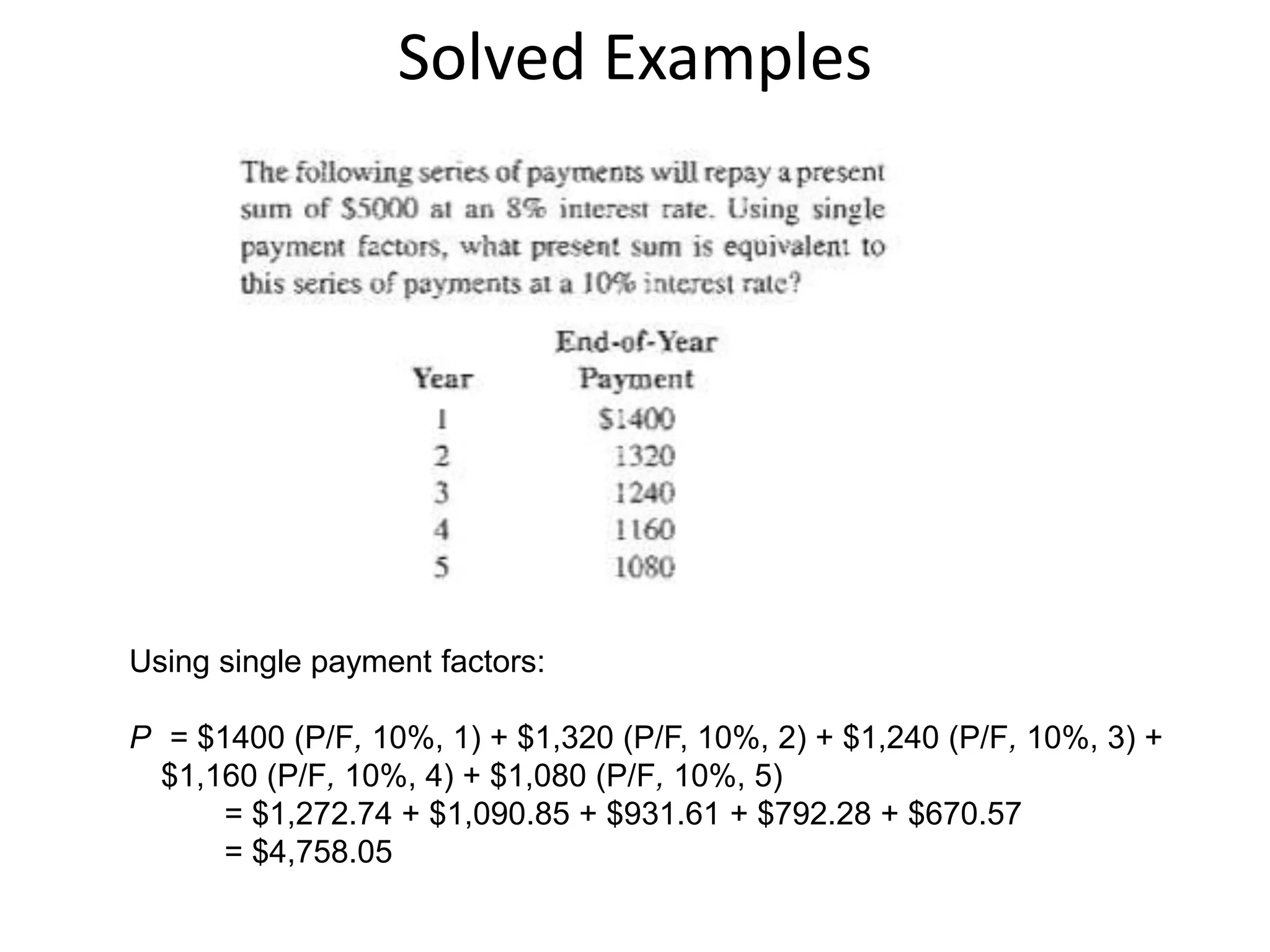 Solved Examples
Using single payment factors:
P = $1400 (P/F, 10%, 1) + $1,320 (P/F, 10%, 2) + $1,240 (P/F, 10%, 3) +
$1,160 (P/F, 10%, 4) + $1,080 (P/F, 10%, 5)
= $1,272.74 + $1,090.85 + $931.61 + $792.28 + $670.57
= $4,758.05
 