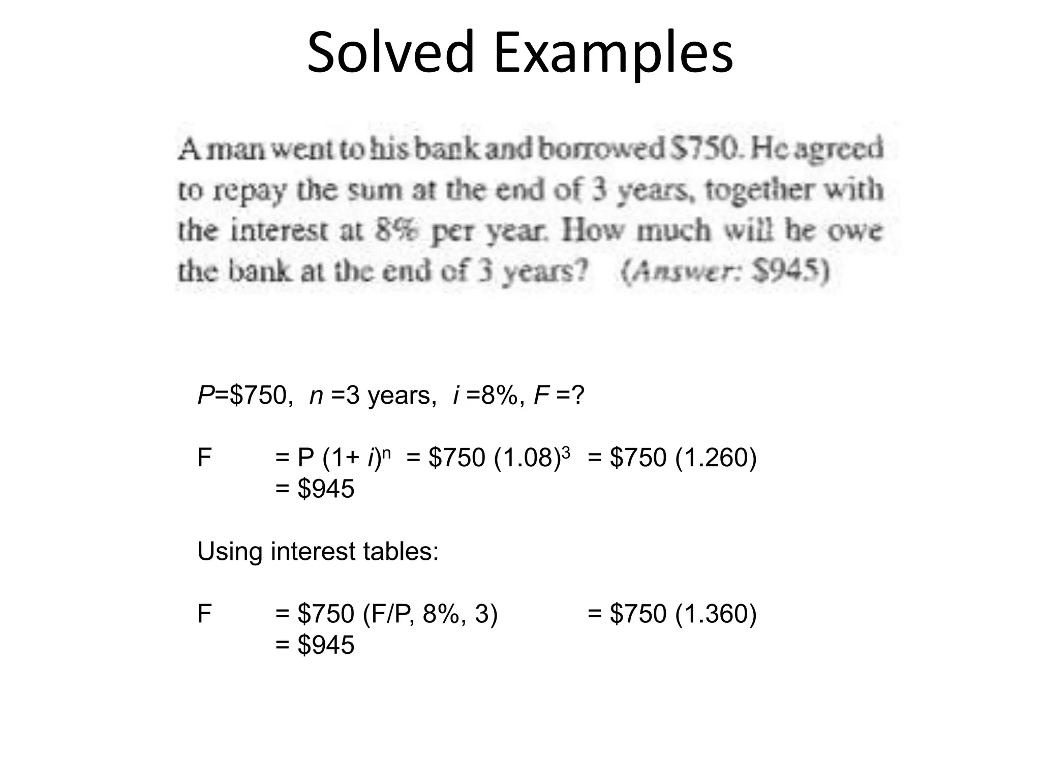 Solved Examples
P=$750, n =3 years, i =8%, F =?
F = P (1+ i)n = $750 (1.08)3 = $750 (1.260)
= $945
Using interest tables:
F = $750 (F/P, 8%, 3) = $750 (1.360)
= $945
 