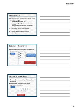 19/07/2011




Identificadores
• Os identificadores devem ser formados de acordo
  com algumas regras
  1. Começam com uma letra ou "_"
  2. Podem ser seguidos por uma ou mais letras ou
     números
  3. Caracteres especiais não devem ser utilizados
            A única exceção é o caractere "_"
• Exemplos de identificadores válidos
  •     x, var, x24p
• Exemplo de identificadores inválidos
  •     1var, a@b, x%x




Declaração de Variáveis

• Em programas de computador, variáveis são
  armazenadas em memória
      Memória                           var
                                                          Cada variável possui um
                                         x               espaço na memória onde
                                                           o dado é armazenado
                                         i




                                                Uma variável pode assumir apenas
                                                     um valor de cada vez




Declaração de Variáveis

• Toda variável deve definir qual tipo de dado
  ela suporta
• Uma variável só pode receber dados
  equivalentes ao seu tipo
      Memória

                           4    "ui"   2.4                 ...


                 inteiro: var   caractere: x   real: i


                       Cada variável é de um
                         tipo pré-definido




                                                                                            3
 
