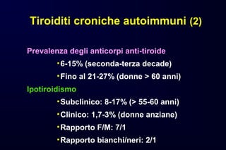 Tiroiditi croniche autoimmuni:
storia naturale
Frequente
• Progressione dall’eutiroidismo o dall’ipotiroidismo
subclinico ...