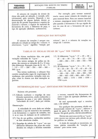 I-'-----
-- -- .. -
O número de rotações da árvore do
torno não pode ser adotado, à vontade, arbi-
tràriamente, pelo torneiro. Depende a sua
determinação de alguns fatores, dentre os
quais são de grande importância a espécie do
material a tornear, a espécie do material da
ferramenta de corte, o diâmetro da peça, o
tipo de operação (desbaste, acabamento).
Por exemplo, para tornear material
macio, usa-se maior número de rotações que
para material duro. Para um mesmo material
a tornear, emprega-se maior número de rota-
ções quando a ferramenta é de aço rápido do
que no ,caso de ser a ferramenta de aço ao
carbono.
3.1
O número de rotações é sempre con- minuto", isto é, o número de rotações no
siderado em relação ao tempo de 1 minuto. A tempo de 1 minuto.
abreviatura "r.p.m." significa "rotação por
F6LHA DE
INFORMAÇAO
VECNOLÓGICA
TORNEIR0
MECÂNICO
ABELAS OU ESCALAS USUAIS DE "r.p.m." NOS TC1.lut
ROTAÇÃO POR MI~TUTONO TOKNO
(TABELAS)
I Os tornos mecânicos têm, em geral, 1.0) 16 diferentes "r.p.m.": 17 - 23 - 28 -
variações reduzidas de "r.p.m." 37 - 45 - 59 - 74 - 98 - 121 - 158
Nos tornos antigos, de polias em de- - 200 - 264 - 319 - 420 - 532 - 700
graus, são comuns as variações de 8 a 12 rota-
ções diferentes. Exemplo (caso de 9): 44 - 71
- 112 - 177 - 280 - 354 - 450 - 560 -
900 r.p.m.
Nos tornos modernos, o cabeçote fixo
contém complicados Jogos de engrenagens de
mudanças, que permitem variações mais am-
plas, como se mostra pos dois exemplos se-
guintes:
r.p.m.
36 diferentes "r.p.m.": 14 - 16 - 19 -
22 - 25 - 28 - 32 - 37 - 42 - 48 - 56
-64-75-85 -98 - 113- 128 - 146
- 169 - 192 - 222 - 260 - 300 - 340
- 385 -445 - 500 - 580 - 665 - 765 -
895 - 1025 - 1175 - 1335 - 1530 -
1750 r.p.m.
Existem três processos:
1.0) Cálculo mediante o emprêgo de uma
fórmula matemática, sendo conhecidos o
diâmetro da peça e um valor chaniado
"velocidade de corte", dado por tabelas.
OBSERVAÇÃO:
A velocidade de corte dada em tabelas
já considera o tipo de material a ser torneado,
o da ferramenta e a espécie de trabalho, isto
é, se se trata de desbaste ou de acabamento.
2.") Uso de um gráfico, conhecidos tambeni
os dois elementos citados.
a tornear, material das ferramentas de
corte e tipos de operação (desbaste, aca-
bamento.).
Só será apresentado aqui o terceiro
caso, o de tabelas.
Em qualquer dos processos, obtido um
determinado número de "r.p.m.", adota-se o
igual da gama de velocidades do torno, se
houver. Em geral, porém, não há coincidência.
DEVEMSER ADOTADAS ENTÃO AS "r.p.m."
LOGO ABAIXO DAS OBTIDAS pelo cálculo ou pe-
los gráficos ou tabelas.
3.O) Emprêgo de tabelas de "r.p.m." em que A título de exemplo se encontram, no
diferentes diâmetros das peças são consi- verso, tabelas resumidas de "rotações por
derados em relação a diversos materiais minuto" para certos casos.
IMEC - 1965 - 15.000
 