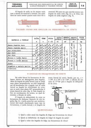 TORNEIRO
MECÁNICO
I ÂNGULOS DAS FERRAMENTAS DE CORTE
I F6LHA DE
(CARACTERIZAÇÃO E VALORES USUAIS)
INFORMACÃO
TECNOLÓGICA 1 7.8
O ângulo de saída ou de ataque varia material. Há casos em que convém mesmo um
com a dureza do material a tornear: seu valor ângulo de saída nulo (fig. 2) e, às vêzes, um
deve ser tanto menor quanto mais duro for o ângulo de saída negativo (fig. 3).
Fig. 2 Fig. 3
VALfiRES USUAIS DOS ÂNGULQS, DA l?gR_IJAME_TTADE. CORTE
SA~DA ARESTA ARESTA FOLGA
MATERIAL A TORNEAR
'*IDA 'OLGA LATERAL FRONTAILATERAL D A PONTA
s C f - f l s1 af a1 aP
a'
S 0 O
Ferro fundido duro 0' 84Oa 82' 6Oa 8' 5Oa 10' - O
- O 4
Ferro fundido macio
a
5' 7g0a 77' 6Oa 8' 12Oa 18' a OO ak d
P) OJ O
Aço extra-duro 10' 74Oa 72' 6Oa 8' loOa 15' O * rd (Bcdo cn
a m o d o a
Aço duro 20' 64Oa 62' 6Oa 8' 12Oa 20' O k a arl a
Aço doce 22Oa 30°620a 52' 6Oa 8' 15Oa 25' '2 a Q> a0 0a d
0
(d
Bronze e l a t ã o duros 0' 84Oa 82' 6Oa 8' oOa(-4') 5 , * vc 02 ah
9 c d r i a tlD
Bronze e l a t ã o macios 10' 74Oa 72' 6Oa 8' oOa 5' cd .rc
2 i " cd
o <'d bD
g<g2
fi
W
Cobre 16' 68Oa 66' 6Oa 8' 20°a 3.0
z f i ' F ( E i
Alumínio e metais macios 40' 44Oa 42' 6Oa 8' 15Oa 20' 8 P) P)~i
I l á s t i c o s oOa(-E?) 84Oa 87' 6Oa 8' 20°a 35' w ac M
O ÂNGULO P OBLIQDIDADE DO CORTE
Na saida lateral da ferramenta de des- aresta lateral de corte). Sendo, por ex., s ,=
bastar, devem ser distinguidos dois ângulos. = 10°, sl = 15O e a1 = 40°, o cálculo dá um
Além do ângulo de saída lateral (que se mede valor de 17O42' para o ângulo de obliquida-
num plano perpendicular ao eixo longitudi- de de corte.
na1 da ferramenta) há o ângulo real de saída
lateral ou ângulo de obliquidade do corte,
que se mede num plano CC' perpendicular à
aresta lateral de corte (fig. 4). Êste ângulo in- Plonb CC' perpendicular 6
erecta lateral de corto.
flui no enrolamento do cavaco, ao qual de-
termina a direção de saída.
O ângulo de obliquidade do corte na
ferramenta de desbastar depende de três ân-
gulos (fig. 4): s (saída posterior que moderna-
mente está sendo abandonado neste tipo de
ferramenta), sl (saída lateral) e al (ângulo da
QUESTIC I 0
1) Qual o valor usual dos ângulos de folga nas ferramentas de torno?
2) Quais as influências: do ângulo de folga? do ângulo de saída?
1) Qual o valor dos ângulos de folga nas ferramentas .de torno?
128 MEC - 1965 - 15.00
 