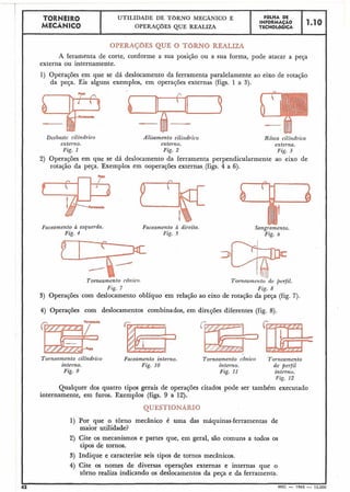 -- -
TORNEIR0 UTILIDADE DE TORNO MECÂNICO E FBLHA DE
MECÂNICO
INFORMAÇAO 1.10
OPERAÇõES QUE REALIZA TECNOLóGICA
OPERAGõES QUE O TORNO REALIZA
A feramenta de corte, conforme a sua posição ou a sua forma, pode ataczr a peça
externa ou internamente.
1) Operações em que se dá deslocamento da ferramenta paralelamente ao eixo de rotação
da peça. Eis alguns exemplos, em operações externas (figs. 1 a 3).
Desbaste cilindrico Alisamento cili~zdrico Rôsca cilindrica
externo. externo. externa.
Fig. 1 Fig. 2 Fig. 3
2) Operações em que se dá deslocamento da ferramenta perpendicularmente ao eixo de
rotação da peça. Exemplos em ooperações externas.(figs. 4 a 6).
Faceamento d esquerda.
Fig. 4
Faceamento à direita.
Fig. 5
Sangramento.
Fig. 6
Torneamento rô~lico. Tor?zeameirto de perfil.
Pig. 7 Fig. 8
3) Operações com deslocamento oblíquo em relação ao eixo de rotação da peça (fig. 7).
4) Operações com deslocamentos combinados, em direções diferentes (fig. 8).
I
Torneamento cilindrico
interno.
Fig. 9
Faceamento interno.
Fig. 10
Torneamento conico Torneamento
interno. de perfil
Fig. 11 int~rno.
Fig. 12
Qualquer dos quatro tipos gerais de operações citados pode ser também executado
internamente, em furos. Exemplos (figs. 9 a 12).
QUESTIONARIO
1) Por que o torno mecânico é uma das máquinas-ferramentas de
maior utilidade?
2) Cite os mecanismos e partes que, em geral, são comuns a todos os
tipos de tornos.
3) Indique e caracterize seis tipos de tornos mecânicos.
4) Cite os nomes de diversas operações externas e internas que o
torno realiza indicando os deslocamentos da peça e da ferramenta.
I I
42 MEC - 1965 - 15.000
 
