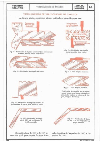 TORNEIR0 FOLHA DE
MECÂNICO
VERIFICADORES DE ÂNGULOS INFORMACAO
TECNOLÓGICA 7.4
TIPOS DIVERSOS DE VERIFICADOREoi DE ttNGULOS
As figuras abaixo apresentam alguns verificadores para diferentes usos.
Fig. 4 - Verificador de ângulos universal pal-a ferramentas
de tôrno, brocas, porcas sextavadas.
Fig. 6 - Verificador de Lngulo de broca.
Fig. 9 - Tyerificador de ângulos diversos de
ferramentas de corte para plaina e tôrno.
---i--- =------ .~---.-
Verificador de dngu-
00 ou verificador de
perfil sextavado.
Fig. 5 - Verificador de ângulos
de ferramentas para roscar.
Eig. 7 - Vista da face anterior.
Fig. S - Vista da face posterior.
Verificador de ângulos de ferranzen-
tas de tôrno para rôscas triangulares.
(As escalas medem os números de fios
poi. polegada da rôsca).
Fig. I 1 - Verificadol- de ângu-
10s de 1 3 5 O ou verificador de
perfil oitavado.
Os verificadores de 120° e de 135' se rado chamá-los de "esquadro de 120°" e "es-
usam, em geral, para ângulos de peças. É er- quadro de 135O".
IMEC - 1965 - 15.000
 