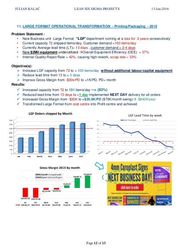 JULIAN KALAC EXAMPLES OF LEAN SIX SIGMA BLACK BELT PROJECTS