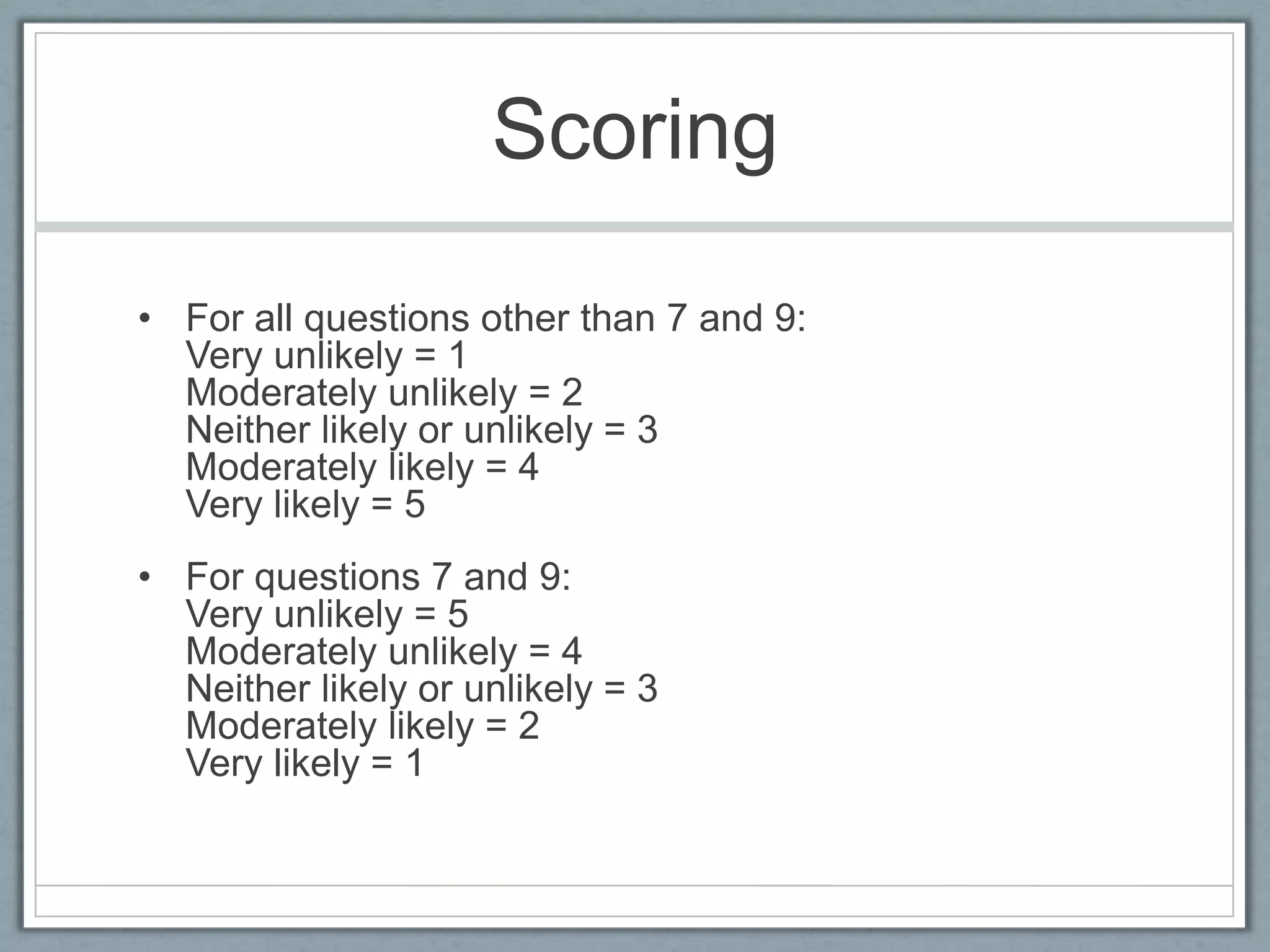 Scoring

• For all questions other than 7 and 9:
  Very unlikely = 1
  Moderately unlikely = 2
  Neither likely or unlikely = 3
  Moderately likely = 4
  Very likely = 5
• For questions 7 and 9:
  Very unlikely = 5
  Moderately unlikely = 4
  Neither likely or unlikely = 3
  Moderately likely = 2
  Very likely = 1
 