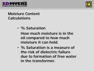 Moisture Content
Calculations
• % Saturation
How much moisture is in the
oil compared to how much
moisture it can hold.
• % Saturation is a measure of
the risk of dielectric failure
due to formation of free water
in the transformer.
 