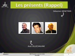 18/06/2013 REX Transition à grande échelle
Soat Agile
Les	
  présents	
  (Rappel)
1
Sébastien MENETRIER
Axel VILLECHALANE
 