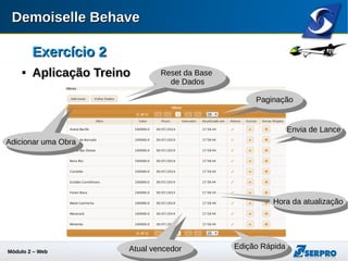 Módulo 2 – Automação Web 13
Exercício 2Exercício 2

Aplicação TreinoAplicação Treino
Mensagens
Valor do lançe deve
ser menor que o atual
Prazo deve ser
menor que o atual
MensagensEnviar
 
