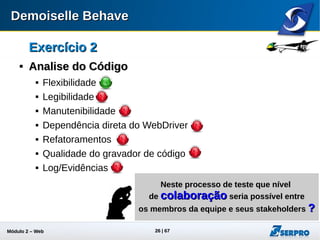 Módulo 2 – Automação Web 26
Mapeamento de TelaMapeamento de Tela

ObjetivoObjetivo
 Visa desacoplar os elementos de tela do script.

BenefíciosBenefícios
 Redução de duplicação de código;
 Mais simples de manter: se houver mudanças na tela a
correção deverá ser aplicada em um único lugar.

ReferênciasReferências
 http://chon.techliminal.com/page_object/#/intro
 http://code.google.com/p/selenium/wiki/PageObjects
 http://docs.seleniumhq.org/docs/06_test_design_consideration
s.jsp
 
