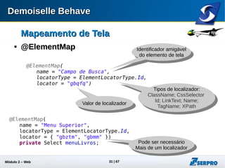 Módulo 2 – Automação Web 31
Mapeamento de TelaMapeamento de Tela

Interface ElementInterface Element
 Especificação que provê abstrações para elementos de tela:
 CheckBox.java
 Button.java
 Grid.java
 Label.java
 Link.java
 ListBox.java
 Loading.java
 Menu.java
 MenuItem.java
 PickList.java
 Radio.java
 Screen.java
 Select.java
 TextField.java
@ElementMap(
name = "Pesquisar",
locatorType = ElementLocatorType.Id,
locator = "gbqfb")
private Button botaoPesquiar
 