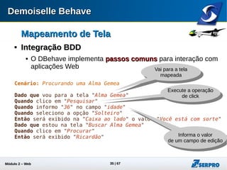 Módulo 2 – Automação Web 35
Mapeamento de TelaMapeamento de Tela

Integração BDDIntegração BDD
 O dbehave implementa passos comunspassos comuns para interação com
aplicações Web
Cenário: Procurando uma Alma Gemea
Dado que vou para a tela "Alma Gemea"
Quando clico em "Pesquisar"
Quando informo "36" no campo "idade"
Quando seleciono a opção "Solteiro"
Então será exibido na "Caixa ao lado" o valor "Você está com sorte"
Dado que estou na tela "Buscar Alma Gemea"
Quando clico em "Procurar"
Então será exibido "Ricardão"
Selecione um campo de
escolha (radio, check ou link)
Verifica se um elemento
possui um determinado valor
 