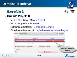 Módulo 2 – Automação Web 45
Exercício 3Exercício 3

Criando Projeto 03Criando Projeto 03
 Informe o Group Id:
br.gov.serpro.behave
 Informe o Artifact Id: projeto03
 Exclua todas as classes e
histórias criadas:
 Crie os pacotes config, pages,
steps e tests abaixo do pacote
br.gov.behave.projeto03
 Crie pastas acesso e obras
abaixo da pasta stories
 