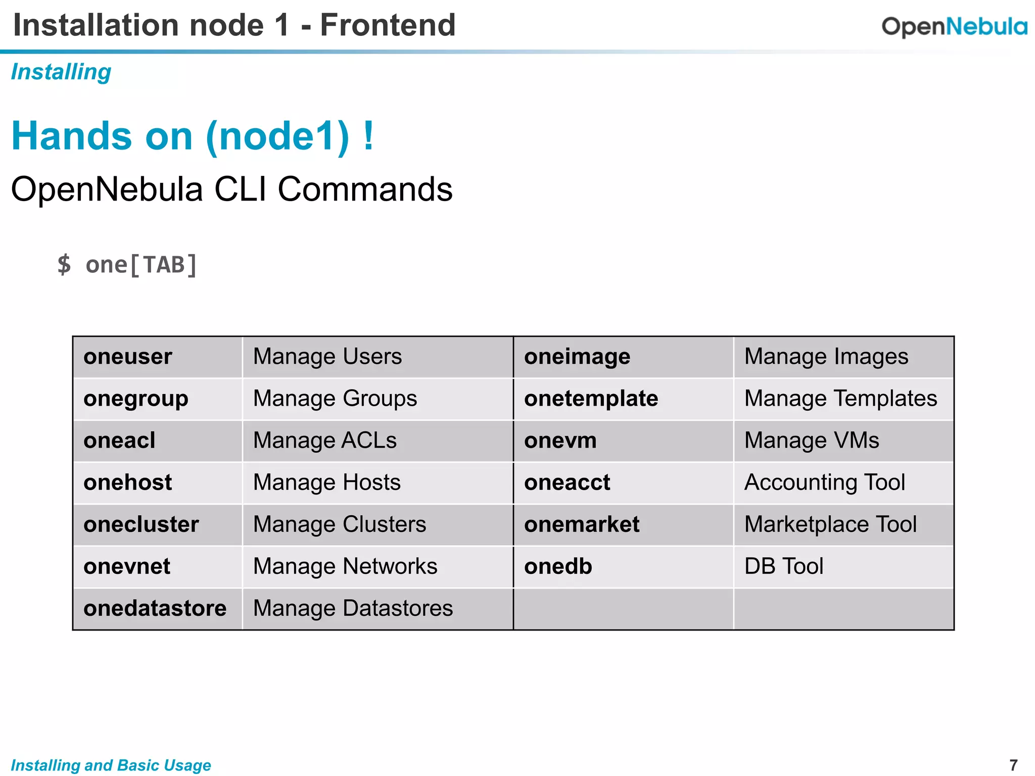 7Installing and Basic Usage
Installation node 1 - Frontend
Installing
Hands on (node1) !
OpenNebula CLI Commands
$ one[TAB]
oneuser Manage Users oneimage Manage Images
onegroup Manage Groups onetemplate Manage Templates
oneacl Manage ACLs onevm Manage VMs
onehost Manage Hosts oneacct Accounting Tool
onecluster Manage Clusters onemarket Marketplace Tool
onevnet Manage Networks onedb DB Tool
onedatastore Manage Datastores
 