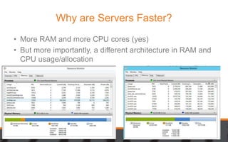 Why are Servers Faster?
• More RAM and more CPU cores (yes)
• But more importantly, a different architecture in RAM and
CP...