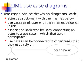 13
UML use case diagrams
 use cases can be drawn as diagrams, with:
 actors as stick-men, with their names below
 use cases as ellipses with their names below or
inside
 association indicated by lines, connecting an
actor to a use case in which that actor
participates
 use cases can be connected to other cases that
they use / rely on
customer
open account
 
