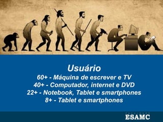 Usuário
60+ - Máquina de escrever e TV
40+ - Computador, internet e DVD
22+ - Notebook, Tablet e smartphones
8+ - Tablet e smartphones
 