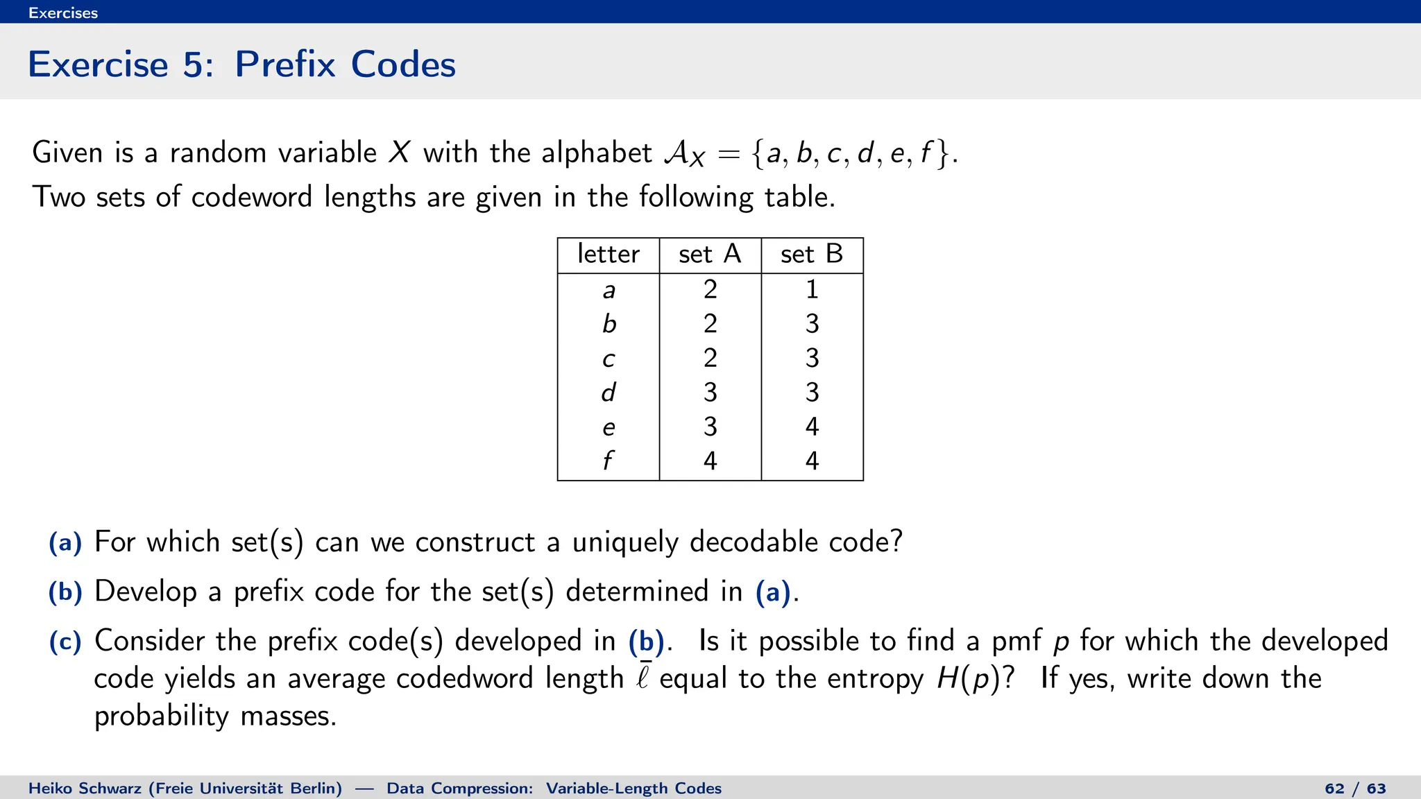 Exercises
Exercise 5: Prefix Codes
Given is a random variable X with the alphabet AX = {a, b, c, d, e, f }.
Two sets of codeword lengths are given in the following table.
letter set A set B
a 2 1
b 2 3
c 2 3
d 3 3
e 3 4
f 4 4
(a) For which set(s) can we construct a uniquely decodable code?
(b) Develop a prefix code for the set(s) determined in (a).
(c) Consider the prefix code(s) developed in (b). Is it possible to find a pmf p for which the developed
code yields an average codedword length ¯
` equal to the entropy H(p)? If yes, write down the
probability masses.
Heiko Schwarz (Freie Universität Berlin) — Data Compression: Variable-Length Codes 62 / 63
 