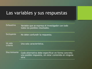 Las variables y sus respuestas
Exhaustiva Variable que se expresa el investigador con todo
todos los posibles resultados.
Excluyente No debe confundir la respuesta.
Un solo
criterio
Una sola característica.
Discriminante Cada alternativa debe especificar en forma concreta
una posible respuesta, sin estar contenida en ninguna
otra.
 