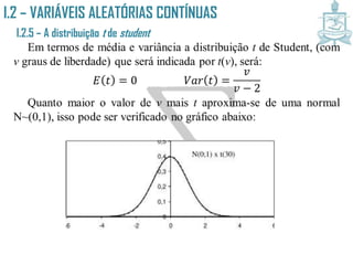 I.2 – VARIÁVEIS ALEATÓRIAS CONTÍNUAS
I.2.5 – A distribuição t de student
Em termos de média e variância a distribuição t de Student, (com
v graus de liberdade) que será indicada por t(v), será:
𝐸 𝑡 = 0 𝑉𝑎𝑟 𝑡 =
𝑣
𝑣 − 2
Quanto maior o valor de v mais t aproxima-se de uma normal
N~(0,1), isso pode ser verificado no gráfico abaixo:
 