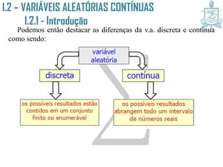 Podemos então destacar as diferenças da v.a. discreta e contínua
como sendo:
I.2 – VARIÁVEIS ALEATÓRIAS CONTÍNUAS
I.2.1 - Introdução
 