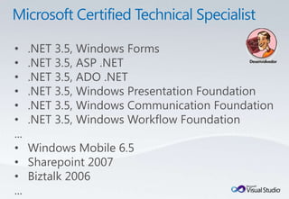 •     .NET 3.5, Windows Forms
•     .NET 3.5, ASP .NET
•     .NET 3.5, ADO .NET
•     .NET 3.5, Windows Presentation Foundation
•     .NET 3.5, Windows Communication Foundation
•     .NET 3.5, Windows Workflow Foundation
...
•     Windows Mobile 6.5
•     Sharepoint 2007
•     Biztalk 2006
...
 