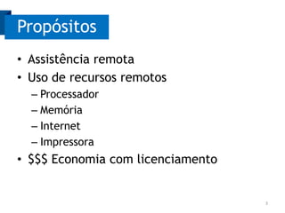 Propósitos
• Assistência remota
• Uso de recursos remotos
– Processador
– Memória
– Internet
– Impressora

• $$$ Economia com licenciamento

3

 