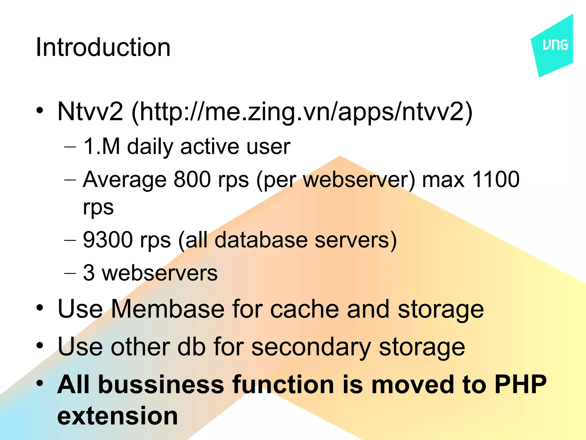 Introduction

• Ntvv2 (http://me.zing.vn/apps/ntvv2)
  – 1.M daily active user
  – Average 800 rps (per webserver) max 1100
    rps
  – 9300 rps (all database servers)
  – 3 webservers
• Use Membase for cache and storage
• Use other db for secondary storage
• All bussiness function is moved to PHP
  extension
 