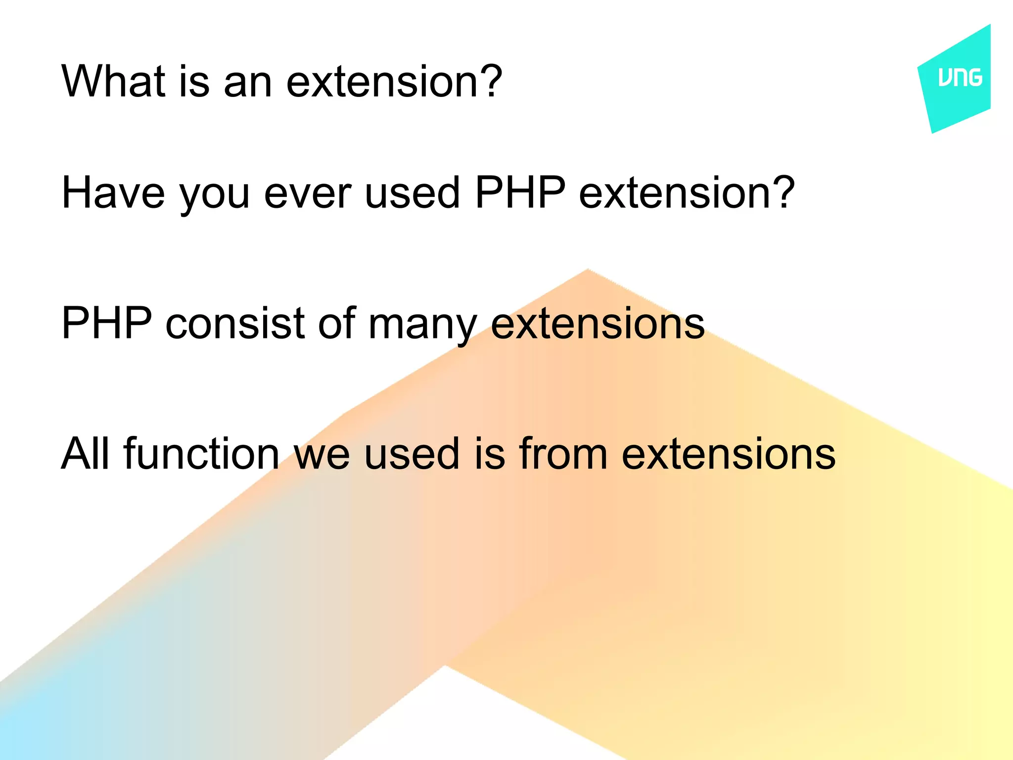 What is an extension?

Have you ever used PHP extension?

PHP consist of many extensions

All function we used is from extensions
 