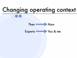 Changing operating context

         Then    Now

       Experts   You & me
 