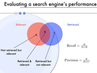 Evaluating a search engine’s performance



            Relevant                            Retrieved

                                  B        C
                           A



                                                Recall =     B
                                                            A+B
Not retrieved but
    relevant

             Retrieved &   Retrieved but       Precision =    B
                                                             B+C
              relevant      not relevant
 