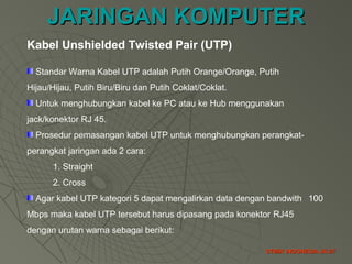 JARINGAN KOMPUTERJARINGAN KOMPUTER
STMIK INDONESIA JK-27STMIK INDONESIA JK-27
Standar Warna Kabel UTP adalah Putih Orange/Orange, Putih
Hijau/Hijau, Putih Biru/Biru dan Putih Coklat/Coklat.
Untuk menghubungkan kabel ke PC atau ke Hub menggunakan
jack/konektor RJ 45.
Prosedur pemasangan kabel UTP untuk menghubungkan perangkat-
perangkat jaringan ada 2 cara:
1. Straight
2. Cross
Agar kabel UTP kategori 5 dapat mengalirkan data dengan bandwith 100
Mbps maka kabel UTP tersebut harus dipasang pada konektor RJ45
dengan urutan warna sebagai berikut:
Kabel Unshielded Twisted Pair (UTP)
 