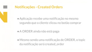 This is our vision
Building the foundation to Build a 3B Company by FY20
Notificações - Created Orders
●Aplicação recebe uma notificação no mesmo
segundo que o cliente clicou no botão comprar
●A ORDER ainda não está paga
●Mesmo sendo uma notificação de ORDER, o topic
da notificação será created_order
 