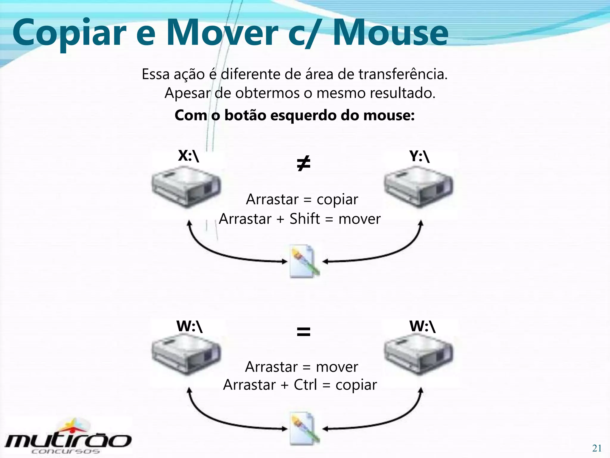 Copiar e Mover c/ Mouse
Essa ação é diferente de área de transferência.
Apesar de obtermos o mesmo resultado.
Com o botão esquerdo do mouse:

X:

≠

Y:

Arrastar = copiar
Arrastar + Shift = mover

W:

=

W:

Arrastar = mover
Arrastar + Ctrl = copiar

21

21

 