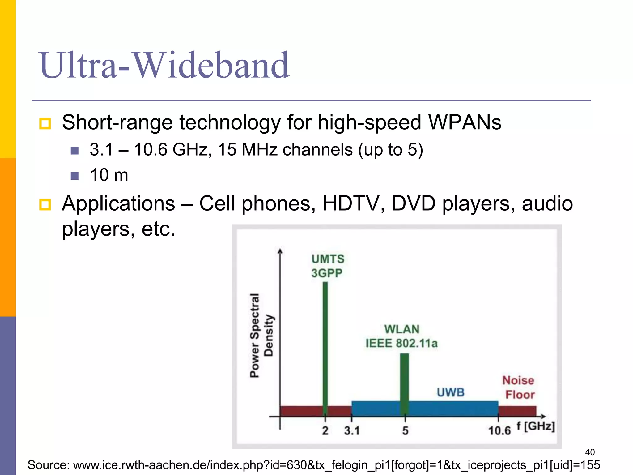 Ultra-Wideband (Cont.)
 Emit large no of very-short pluses over a wide
bandwidth
 Few nanoseconds or less
 Gains few 100s of Mbps
 Channel capacity proportional to used bandwidth
 No specific frequency allocation
 Operate on frequency band allocated to other
technologies
 Secure
 Like other spread spectrum technologies
40
 