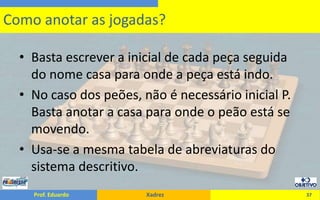 Basta escrever a inicial de cada peça seguida do nome casa para onde a peça está indo.No caso dos peões, não é necessário inicial P. Basta anotar a casa para onde o peão está se movendo.Usa-se a mesma tabela de abreviaturas do sistema descritivo.37Como anotar as jogadas?