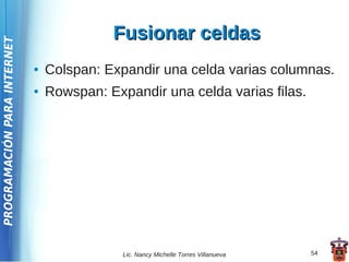 Fusionar celdas
PROGRAMACIÓN PARA INTERNET




                             ●   Colspan: Expandir una celda varias columnas.
                             ●   Rowspan: Expandir una celda varias filas.




                                             Lic. Nancy Michelle Torres Villanueva   54
 