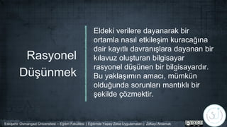 Rasyonel
Düşünmek
Eldeki verilere dayanarak bir
ortamla nasıl etkileşim kuracağına
dair kayıtlı davranışlara dayanan bir
kılavuz oluşturan bilgisayar
rasyonel düşünen bir bilgisayardır.
Bu yaklaşımın amacı, mümkün
olduğunda sorunları mantıklı bir
şekilde çözmektir.
Eskişehir Osmangazi Üniversitesi – Eğitim Fakültesi | Eğitimde Yapay Zeka Uygulamaları | Zekayı Anlamak
 