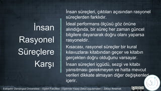 İnsan
Rasyonel
Süreçlere
Karşı
İnsan süreçleri, çıktıları açısından rasyonel
süreçlerden farklıdır.
İdeal performans ölçüsü göz önüne
alındığında, bir süreç her zaman güncel
bilgilere dayanarak doğru olanı yaparsa
rasyoneldir.
Kısacası, rasyonel süreçler bir kural
kılavuzlaraı kitabından geçer ve kitabın
gerçekten doğru olduğunu varsayar.
İnsan süreçleri içgüdü, sezgi ve kitabı
yansıtması gerekmeyen ve hatta mevcut
verileri dikkate almayan diğer değişkenleri
içerir.
Eskişehir Osmangazi Üniversitesi – Eğitim Fakültesi | Eğitimde Yapay Zeka Uygulamaları | Zekayı Anlamak
 