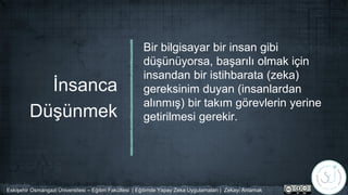 İnsanca
Düşünmek
Bir bilgisayar bir insan gibi
düşünüyorsa, başarılı olmak için
insandan bir istihbarata (zeka)
gereksinim duyan (insanlardan
alınmış) bir takım görevlerin yerine
getirilmesi gerekir.
Eskişehir Osmangazi Üniversitesi – Eğitim Fakültesi | Eğitimde Yapay Zeka Uygulamaları | Zekayı Anlamak
 