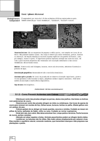 42
ZoologiaGerale
Comparada II
D.1.2 - Como Prevenir Acidentes com Cobras
· Oitenta por cento das picadas atingem as pernas, abaixo dos joelhos. Use botas ou botinas
com pederneiras de couro;
· Dezenove por cento das picadas atingem as mãos ou antebraços. Use luvas de aparas de
couro para remexer em montes de lixo, folhas secas, buracos, lenhas ou palha. Afaste galhos com
um pedaço de pau;
· Cobras gostam de se abrigar em locais quentes, escuros e úmidos. Cuidado ao mexer em
pilhas de lenha, palhadas de feijão, milho ou cana. Cuidado ao revirar cupinzeiros;
· Onde tem rato, tem cobra. Não deixe amontoar lixo. Limpe paióis e terreiros. Feche buracos
de muros, portas e janelas;
· Atenção ao calçar sapatos e botas. Animais peçonhentos podem se refugiar dentro deles;
· Lembre-se: na natureza não há vilões. Não mate cobras simplesmente por estarem vivas.
Elas mantêm o equilíbrio natural, comendo roedores, que transmitem doenças e dão prejuízos nas
plantações e paióis.
(Instituto Butantã – São Paulo. www.butantan.gov.br)
Coral (gênero Micrurus)
É responsável por cerca de 0,5% dos acidentes ofídicos registrados no país.
Tambémconhecidapor“coralverdadeira”,“ibiboboca”,“boicorá”eoutros.
Características: São as serpentes de pequeno e médio porte, com tamanho em torno de um
metro. Não possuem fosseta loreal. Seu corpo é coberto por aneis vermelhos, pretos, brancos
ou amarelos. Na Região Amazônica existem algumas espécies com padrão diferente, como,
por exemplo, branco-e-preto. É importante prestar bastante atenção nas cores da coral. Em
todo o país existem serpentes não-venenosas com coloração semelhante a das corais
verdadeiras:sãoasfalsas-corais.
Habitat. Vivem no solo sob folhagens, buracos, entre raíz de arvores, ambientes florestais e
próximo de água.
Distribuiçãogeográfica:Encontradaemtodooterritóriobrasileiro.
Sintomas após a picada: No local da picada não se observa alteração importante, porem a
vitima apresenta visão borrada ou dupla, pálpebras caídas e aspecto sonolento. Pode haver
aumentodasalivaçãoeinsuficiênciarespiratória.
Tipodesoro:Antielapídico.
 