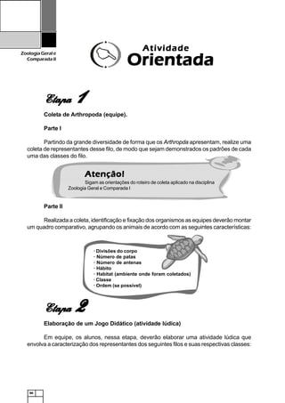 86
ZoologiaGerale
Comparada II
EtapaEtapaEtapaEtapaEtapa 11111
Coleta de Arthropoda (equipe).
Parte I
Partindo da grande diversidade de forma que os Arthropda apresentam, realize uma
coleta de representantes desse filo, de modo que sejam demonstrados os padrões de cada
uma das classes do filo.
Parte II
Realizada a coleta, identificação e fixação dos organismos as equipes deverão montar
um quadro comparativo, agrupando os animais de acordo com as seguintes características:
EtapaEtapaEtapaEtapaEtapa 22222
Elaboração de um Jogo Didático (atividade lúdica)
Em equipe, os alunos, nessa etapa, deverão elaborar uma atividade lúdica que
envolva a caracterização dos representantes dos seguintes filos e suas respectivas classes:
AtividadeAtividadeAtividadeAtividadeAtividade
OrientadaOrientadaOrientadaOrientadaOrientada
Atenção!Atenção!Atenção!Atenção!Atenção!
Sigam as orientações do roteiro de coleta aplicado na disciplina
Zoologia Geral e Comparada I
· Divisões do corpo
· Número de patas
· Número de antenas
· Hábito
· Habitat (ambiente onde foram coletados)
· Classe
· Ordem (se possível)
 