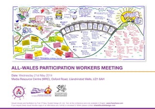 ALL-WALES PARTICIPATION WORKERS MEETING
Date: Wednesday 21st May 2014
Media Resource Centre (MRC), Oxford Road, Llandrindod Wells, LD1 6AH
Visual minutes and facilitation by Fran O’Hara, Scarlet Design Int. Ltd. ‘live’ at the conference and only available in English. www.franohara.com.
If you require these visual minutes maps in an alternative size, format or recreated in Welsh please contact ohara@scarletdesign.com
 