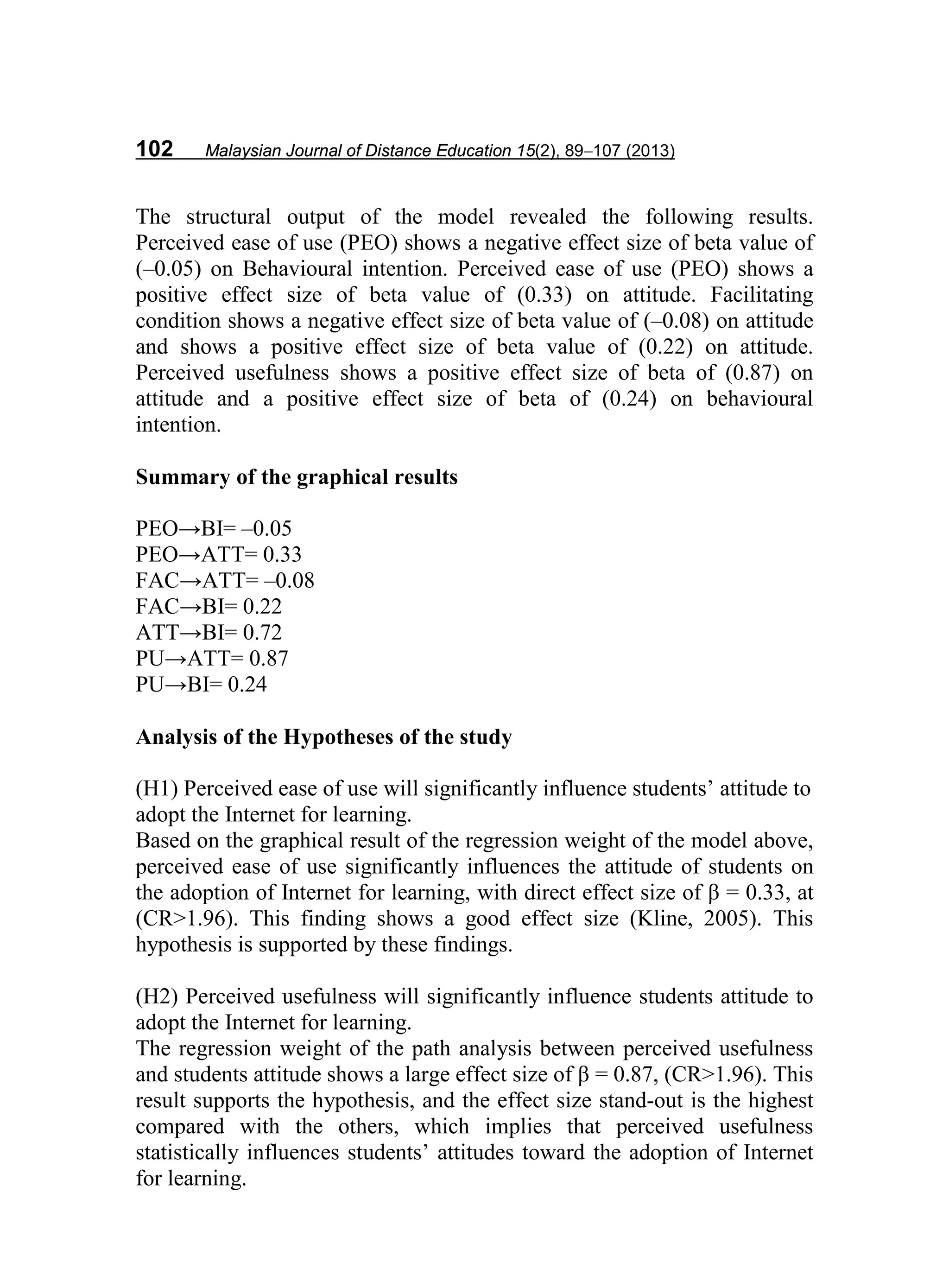 102 Malaysian Journal of Distance Education 15(2), 89−107 (2013)
The structural output of the model revealed the following results.
Perceived ease of use (PEO) shows a negative effect size of beta value of
(–0.05) on Behavioural intention. Perceived ease of use (PEO) shows a
positive effect size of beta value of (0.33) on attitude. Facilitating
condition shows a negative effect size of beta value of (–0.08) on attitude
and shows a positive effect size of beta value of (0.22) on attitude.
Perceived usefulness shows a positive effect size of beta of (0.87) on
attitude and a positive effect size of beta of (0.24) on behavioural
intention.
Summary of the graphical results
PEO→BI= –0.05
PEO→ATT= 0.33
FAC→ATT= –0.08
FAC→BI= 0.22
ATT→BI= 0.72
PU→ATT= 0.87
PU→BI= 0.24
Analysis of the Hypotheses of the study
(H1) Perceived ease of use will significantly influence students’ attitude to
adopt the Internet for learning.
Based on the graphical result of the regression weight of the model above,
perceived ease of use significantly influences the attitude of students on
the adoption of Internet for learning, with direct effect size of β = 0.33, at
(CR˃1.96). This finding shows a good effect size (Kline, 2005). This
hypothesis is supported by these findings.
(H2) Perceived usefulness will significantly influence students attitude to
adopt the Internet for learning.
The regression weight of the path analysis between perceived usefulness
and students attitude shows a large effect size of β = 0.87, (CR˃1.96). This
result supports the hypothesis, and the effect size stand-out is the highest
compared with the others, which implies that perceived usefulness
statistically influences students’ attitudes toward the adoption of Internet
for learning.
 