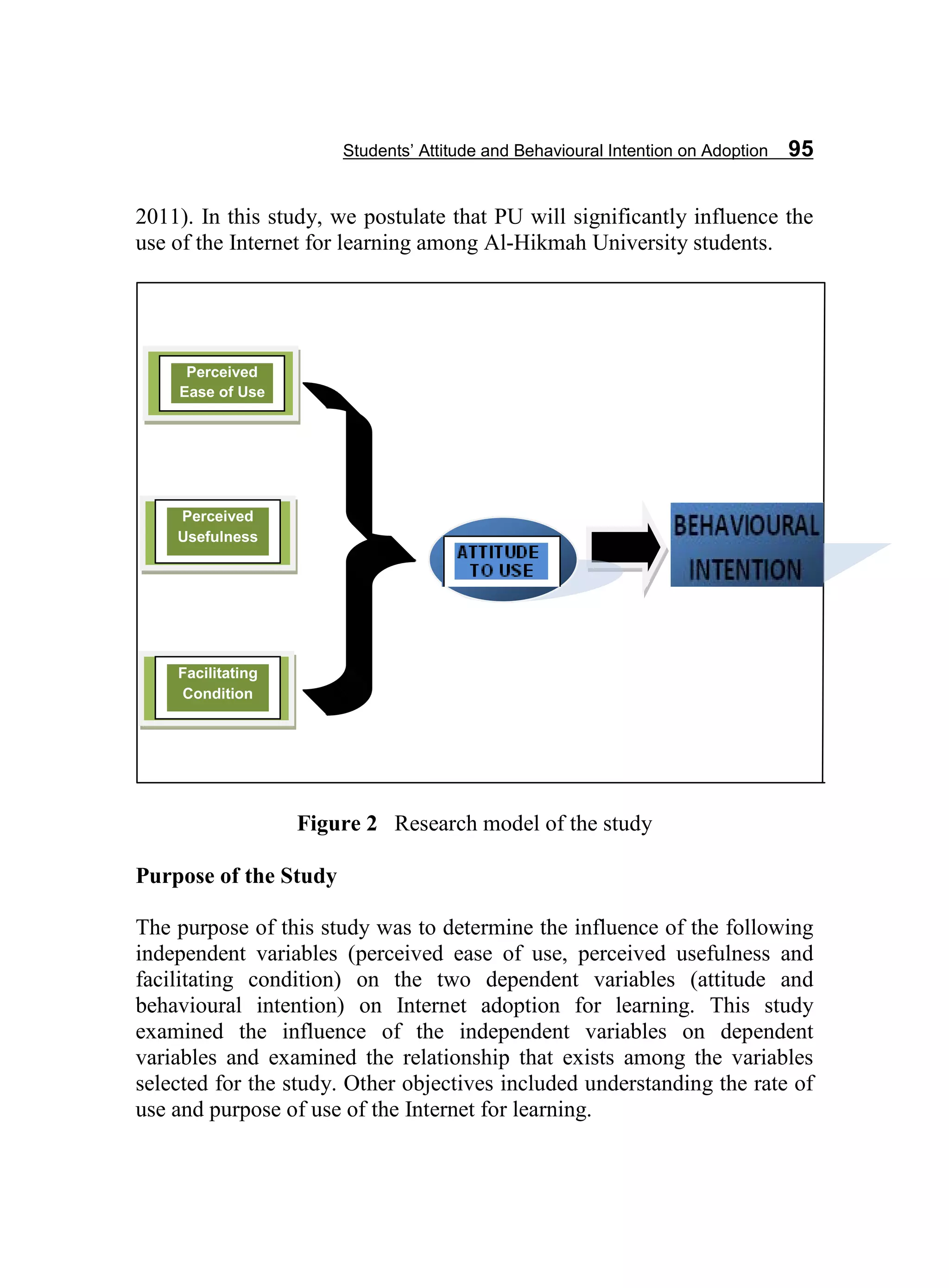 Students’ Attitude and Behavioural Intention on Adoption 95
2011). In this study, we postulate that PU will significantly influence the
use of the Internet for learning among Al-Hikmah University students.
Figure 2 Research model of the study
Purpose of the Study
The purpose of this study was to determine the influence of the following
independent variables (perceived ease of use, perceived usefulness and
facilitating condition) on the two dependent variables (attitude and
behavioural intention) on Internet adoption for learning. This study
examined the influence of the independent variables on dependent
variables and examined the relationship that exists among the variables
selected for the study. Other objectives included understanding the rate of
use and purpose of use of the Internet for learning.
BEHAVIOU
RAL
Perceived
Ease of Use
Perceived
Usefulness
Facilitating
Condition
ATTITUDE
TO USE
 