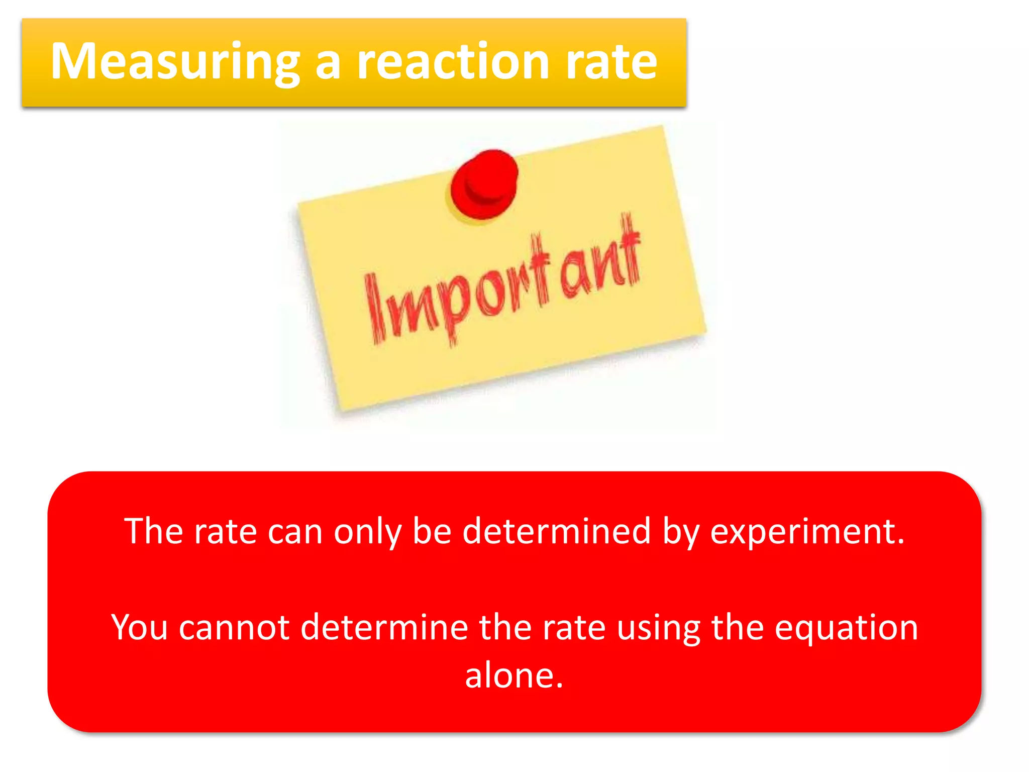 Measuring a reaction rate
The rate can only be determined by experiment.
You cannot determine the rate using the equation
alone.
 