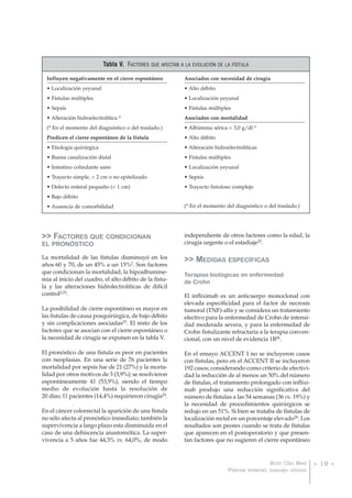 Tabla V. FACTORES QUE AFECTAN A LA EVOLUCIÓN DE LA FÍSTULA

  Influyen negativamente en el cierre espontáneo           Asociados con necesidad de cirugía
  • Localización yeyunal                                   • Alto débito
  • Fístulas múltiples                                     • Localización yeyunal
  • Sepsis                                                 • Fístulas múltiples
  • Alteración hidroelectrolítica *                        Asociados con mortalidad
  (* En el momento del diagnóstico o del traslado.)        • Albúmina sérica < 3,0 g/dl *
  Predicen el cierre espontáneo de la fístula              • Alto débito
  • Etiología quirúrgica                                   • Alteración hidroelectrolíticas
  • Buena canalización distal                              • Fístulas múltiples
  • Intestino colindante sano                              • Localización yeyunal
  • Trayecto simple, < 2 cm o no epitelizado               • Sepsis
  • Defecto enteral pequeño (< 1 cm)                       • Trayecto fistuloso complejo
  • Bajo débito
  • Ausencia de comorbilidad                               (* En el momento del diagnóstico o del traslado.)




>> FACTORES QUE CONDICIONAN                                independiente de otros factores como la edad, la
EL PRONÓSTICO                                              cirugía urgente o el estadiaje25.

La mortalidad de las fístulas disminuyó en los             >> MEDIDAS ESPECÍFICAS
años 60 y 70, de un 45% a un 15%2. Son factores
que condicionan la mortalidad, la hipoalbumine-
                                                           Terapias biológicas en enfermedad
mia al inicio del cuadro, el alto débito de la fístu-      de Crohn
la y las alteraciones hidrolectrolíticas de difícil
control2,22.                                               El infliximab es un anticuerpo monoclonal con
                                                           elevada especificidad para el factor de necrosis
La posibilidad de cierre espontáneo es mayor en            tumoral (TNF)-alfa y se considera un tratamiento
las fistulas de causa posquirúrgica, de bajo débito        efectivo para la enfermedad de Crohn de intensi-
y sin complicaciones asociadas23. El resto de los          dad moderada severa, y para la enfermedad de
factores que se asocian con el cierre espontáneo o         Crohn fistulizante refractaria a la terapia conven-
la necesidad de cirugía se exponen en la tabla V.          cional, con un nivel de evidencia 1B26.

El pronóstico de una fístula es peor en pacientes          En el ensayo ACCENT I no se incluyeron casos
con neoplasias. En una serie de 76 pacientes la            con fístulas, pero en el ACCENT II se incluyeron
mortalidad por sepsis fue de 21 (27%) y la morta-          192 casos; considerando como criterio de efectivi-
lidad por otros motivos de 3 (3,9%); se resolvieron        dad la reducción de al menos un 50% del número
espontáneamente 41 (53,9%), siendo el tiempo               de fístulas, el tratamiento prolongado con inflixi-
medio de evolución hasta la resolución de                  mab produjo una reducción significativa del
20 días; 11 pacientes (14,4%) requirieron cirugía24.       número de fístulas a las 54 semanas (36 vs. 19%) y
                                                           la necesidad de procedimientos quirúrgicos se
En el cáncer colorrectal la aparición de una fístula       redujo en un 51%. Si bien se trataba de fístulas de
no sólo afecta al pronóstico inmediato; también la         localización rectal en un porcentaje elevado26. Los
supervivencia a largo plazo esta disminuida en el          resultados son peores cuando se trata de fístulas
caso de una dehiscencia anastomótica. La super-            que aparecen en el postoperatorio y que presen-
vivencia a 5 años fue 44,3% vs. 64,0%, de modo             tan factores que no sugieren el cierre espontáneo


                                                                                               Nutr Clin Med     > 19 <
                                                                              Fístula enteral; manejo clínico
 